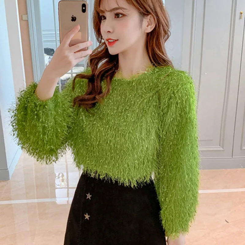 Blouse Women Shirt 2021 Spring Loose Puff Sleeves Furry Top Women's round-Neck Shirt Autumn and Winter Blusas Mujer De Moda