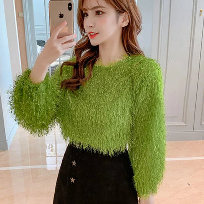 Blouse Women Shirt 2021 Spring Loose Puff Sleeves Furry Top Women's round-Neck Shirt Autumn and Winter Blusas Mujer De Moda