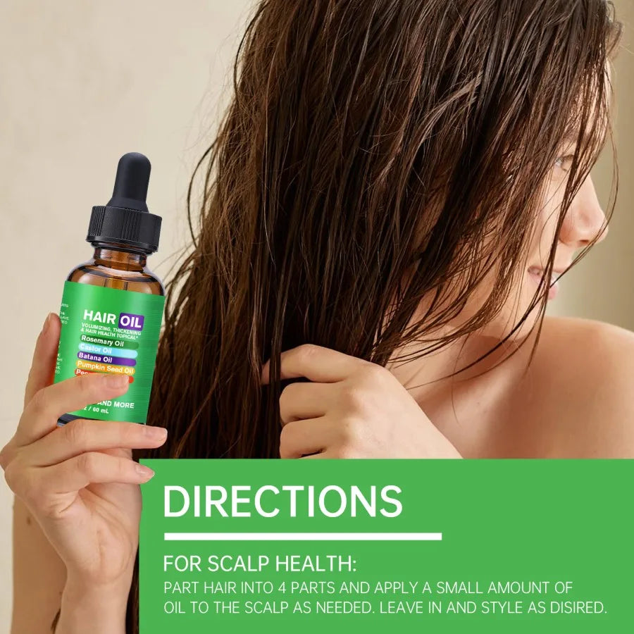 Clean Beauty Rosemary Hair Oil, Containing Castor Oil, Batana Oil, Pumpkin Seed Oil, Peppermint Oil, Biotin, and More.