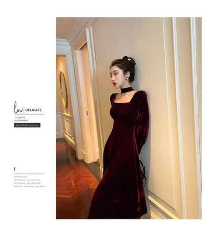 Sexy Dress Women French Retro Vintage Square Collar Waist Office Lady Wine Red Golden Velvet Autumn and Winter Female Clothing