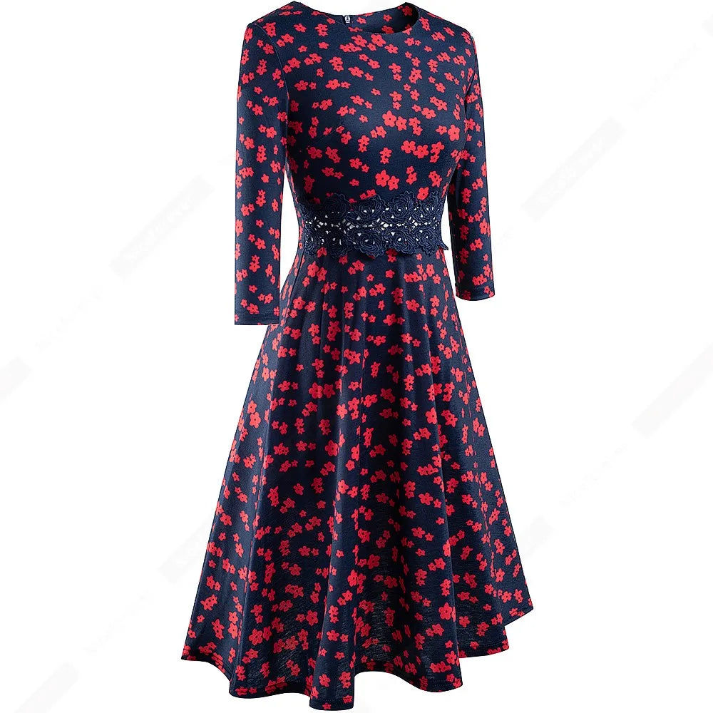 Women Vintage Casual Round Neck A line Summer Elegant Floral Lace Patchwork Sleeveless Tunic Party Swing Dress HA079