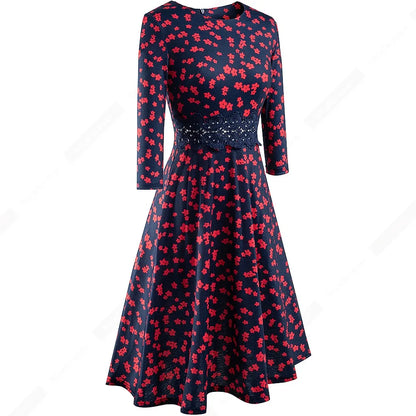 Women Vintage Casual Round Neck A line Summer Elegant Floral Lace Patchwork Sleeveless Tunic Party Swing Dress HA079