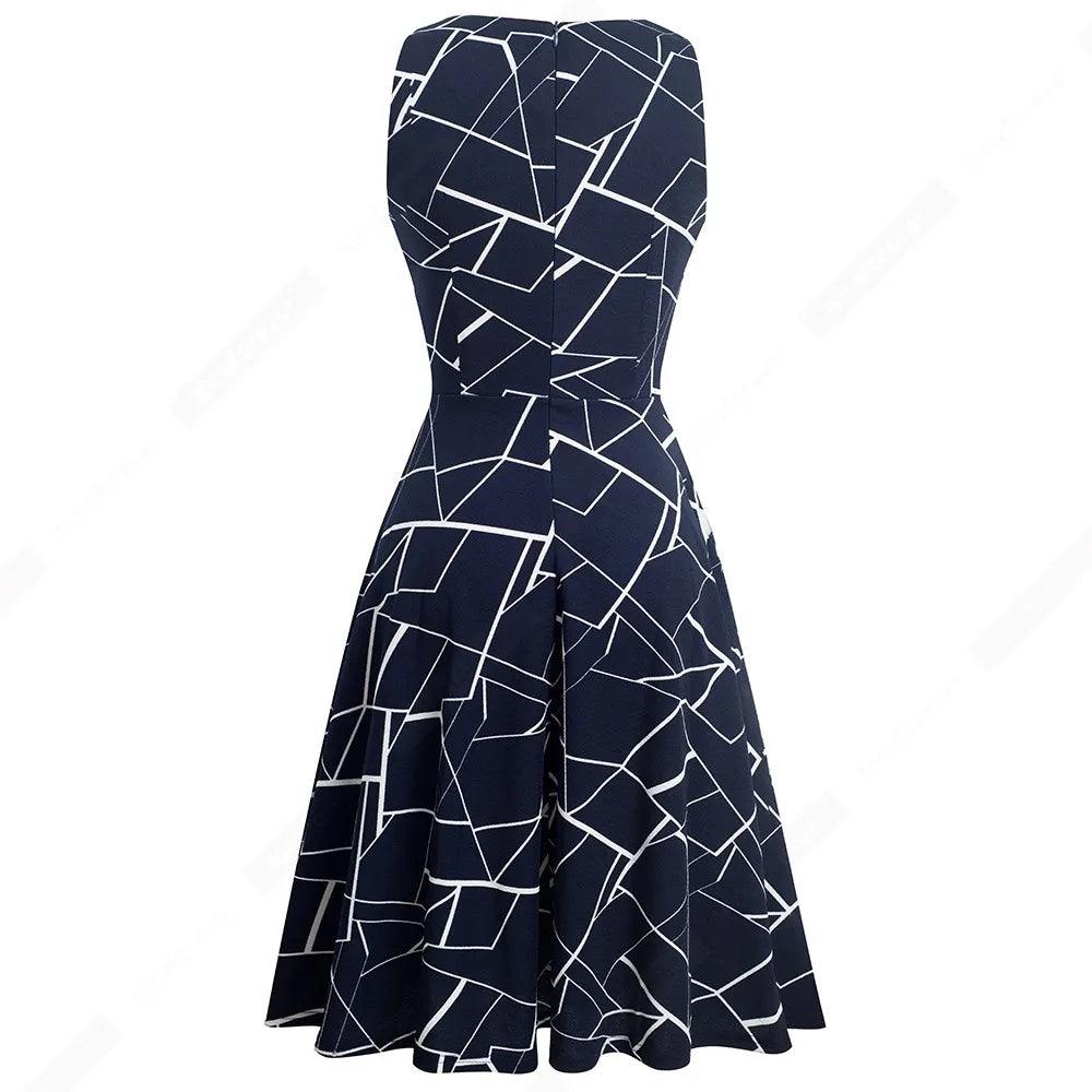 Women Vintage Casual Round Neck A line Summer Elegant Floral Lace Patchwork Sleeveless Tunic Party Swing Dress HA079
