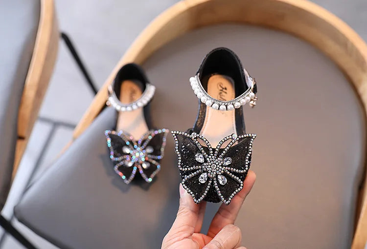 Large Crystal Bow Tie Kids Shoes for Girl Princess Beading Mary Jane Shoes Bling Prom Children  Girls Designer Shoes
