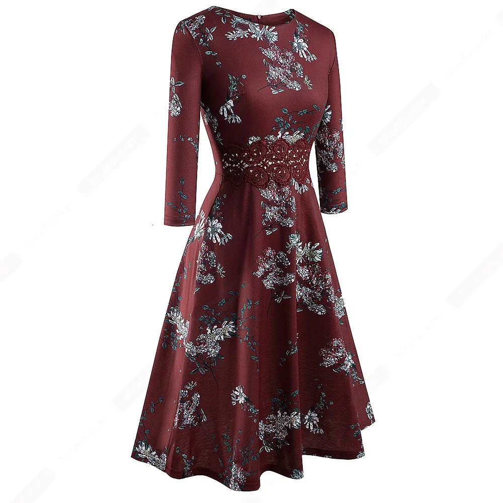 Women Vintage Casual Round Neck A line Summer Elegant Floral Lace Patchwork Sleeveless Tunic Party Swing Dress HA079