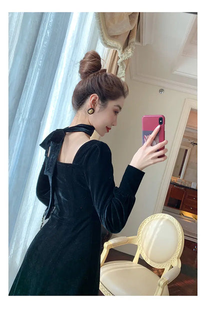 Sexy Dress Women French Retro Vintage Square Collar Waist Office Lady Wine Red Golden Velvet Autumn and Winter Female Clothing