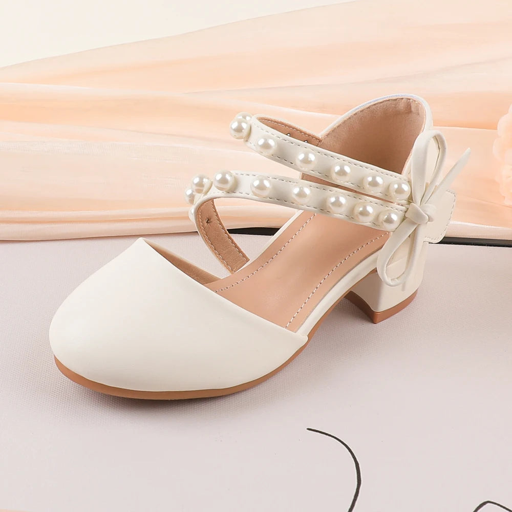 New Arrival White PrincessShoes SweetStyle Children's formal shoes decorated with pearl bows suitable for school dance classes