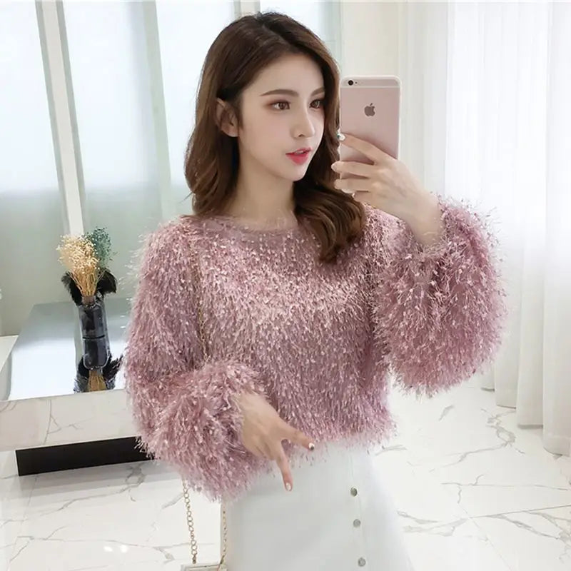 Blouse Women Shirt 2021 Spring Loose Puff Sleeves Furry Top Women's round-Neck Shirt Autumn and Winter Blusas Mujer De Moda