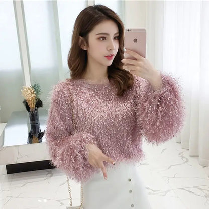 Blouse Women Shirt 2021 Spring Loose Puff Sleeves Furry Top Women's round-Neck Shirt Autumn and Winter Blusas Mujer De Moda