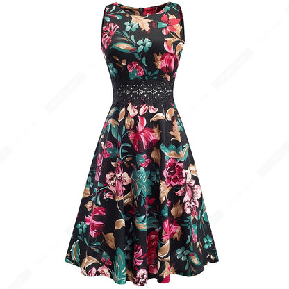 Women Vintage Casual Round Neck A line Summer Elegant Floral Lace Patchwork Sleeveless Tunic Party Swing Dress HA079