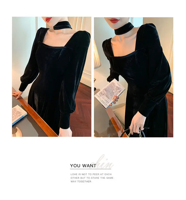 Sexy Dress Women French Retro Vintage Square Collar Waist Office Lady Wine Red Golden Velvet Autumn and Winter Female Clothing
