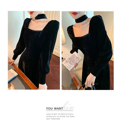 Sexy Dress Women French Retro Vintage Square Collar Waist Office Lady Wine Red Golden Velvet Autumn and Winter Female Clothing