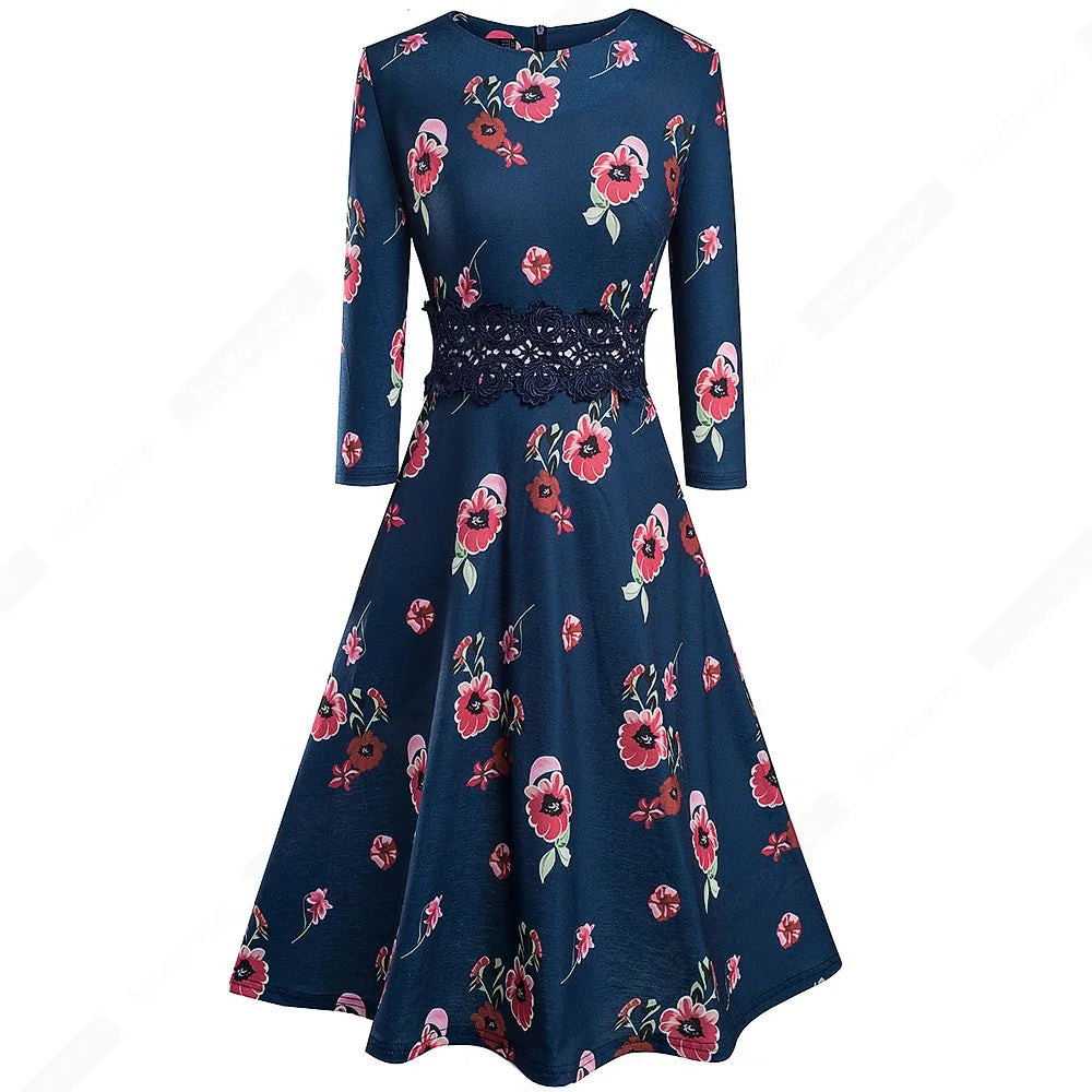 Women Vintage Casual Round Neck A line Summer Elegant Floral Lace Patchwork Sleeveless Tunic Party Swing Dress HA079