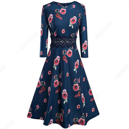 Women Vintage Casual Round Neck A line Summer Elegant Floral Lace Patchwork Sleeveless Tunic Party Swing Dress HA079