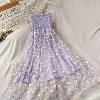 Sleeveless Dress Women Elegant Daisy Strappy Mesh Designer A-Line Stretchy Bust Fresh Ruched Retro High Waist Female Sundress