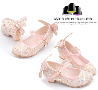 New Kids Leather Shoes Fashion Fringed Butterfly Knot Girls Princess Shoes Casual Glitter Children High Heel Student Dance Shoes