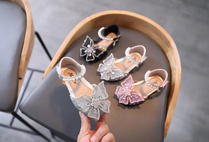 Large Crystal Bow Tie Kids Shoes for Girl Princess Beading Mary Jane Shoes Bling Prom Children  Girls Designer Shoes