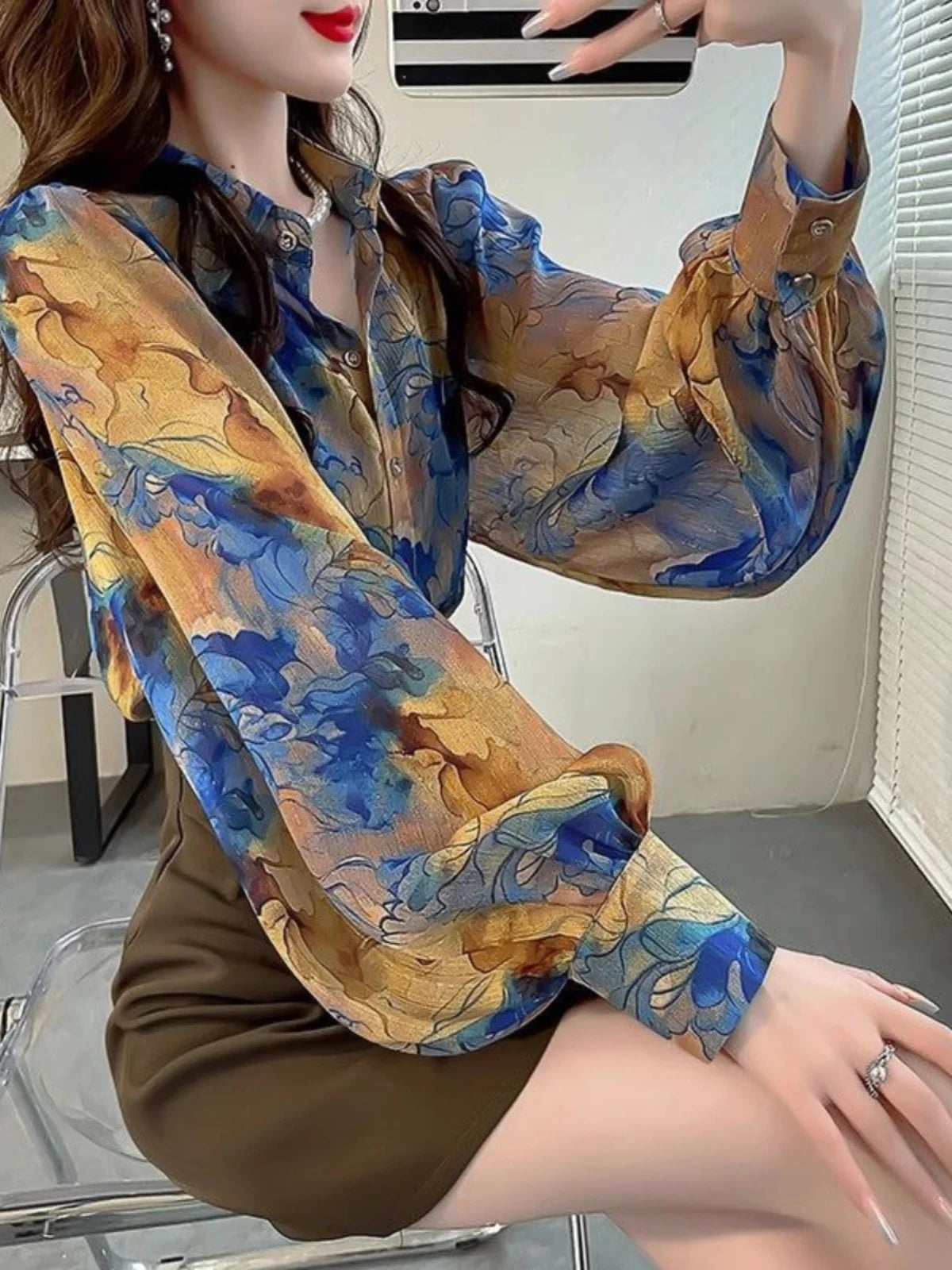 Boutique Wholesale 2025 Summer New Fashionable Loose Temperament Slimming Lantern Sleeve Printed Women's Shirt