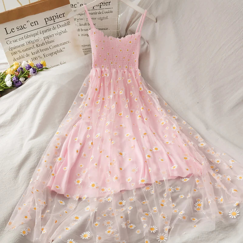 Sleeveless Dress Women Elegant Daisy Strappy Mesh Designer A-Line Stretchy Bust Fresh Ruched Retro High Waist Female Sundress