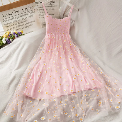 Sleeveless Dress Women Elegant Daisy Strappy Mesh Designer A-Line Stretchy Bust Fresh Ruched Retro High Waist Female Sundress