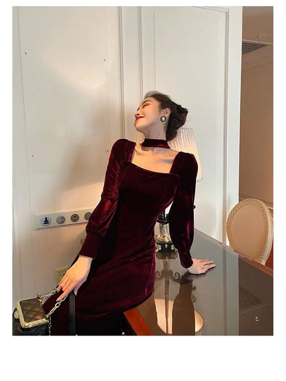 Sexy Dress Women French Retro Vintage Square Collar Waist Office Lady Wine Red Golden Velvet Autumn and Winter Female Clothing
