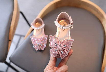 Large Crystal Bow Tie Kids Shoes for Girl Princess Beading Mary Jane Shoes Bling Prom Children  Girls Designer Shoes