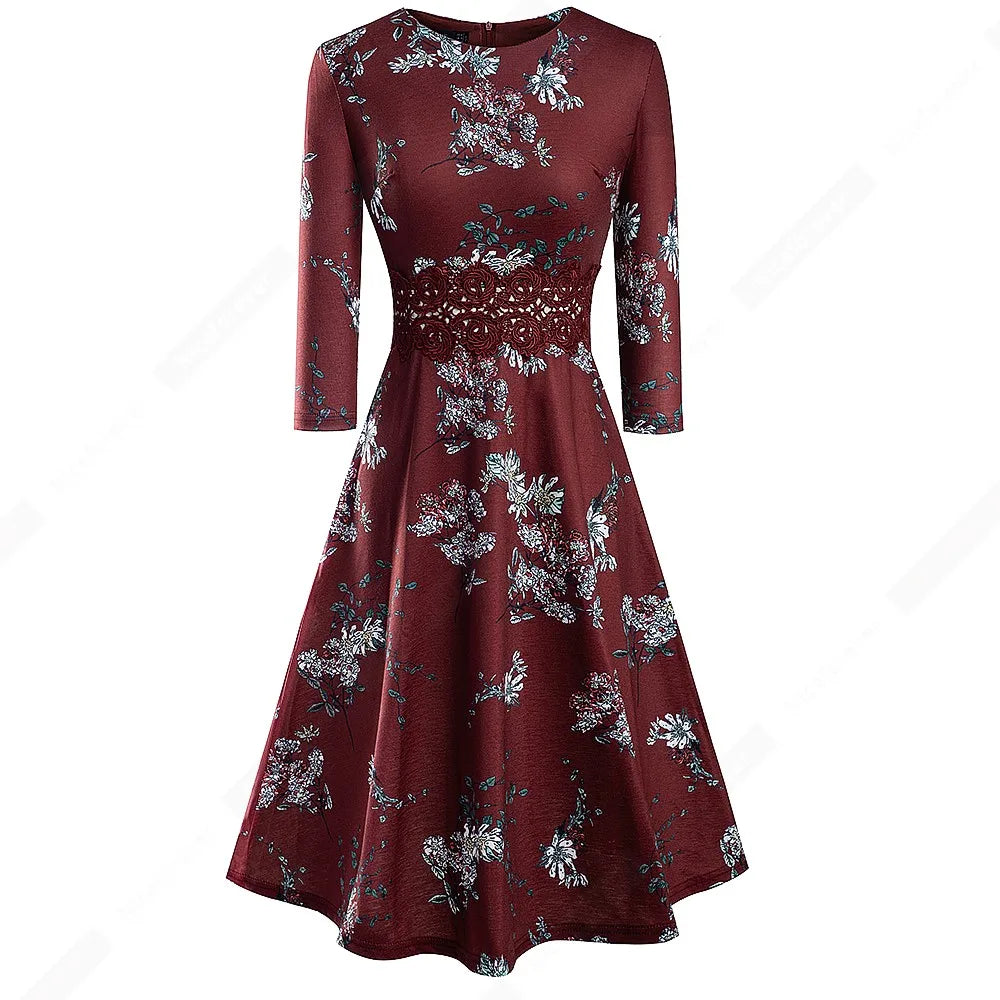 Women Vintage Casual Round Neck A line Summer Elegant Floral Lace Patchwork Sleeveless Tunic Party Swing Dress HA079