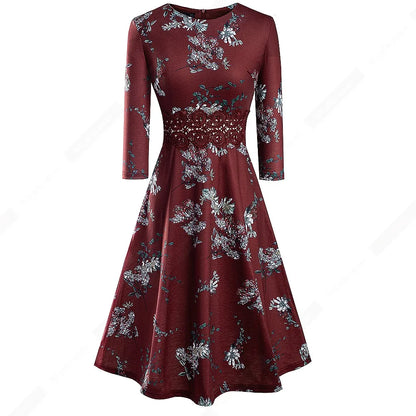 Women Vintage Casual Round Neck A line Summer Elegant Floral Lace Patchwork Sleeveless Tunic Party Swing Dress HA079