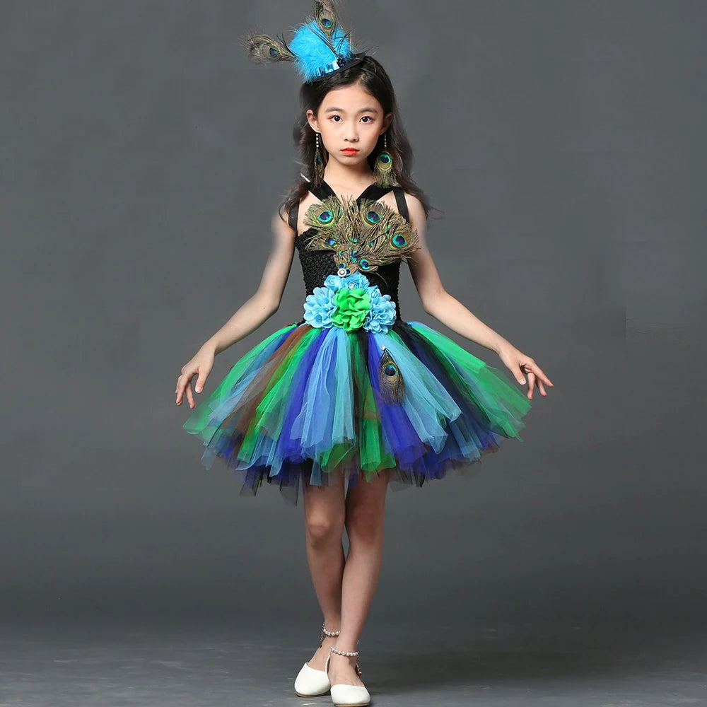 POSH DREAM Girl Peacock Flower Party Tutu Dresses for Halloween with Train Tulle Peacock Princess Children Party Evening Dress