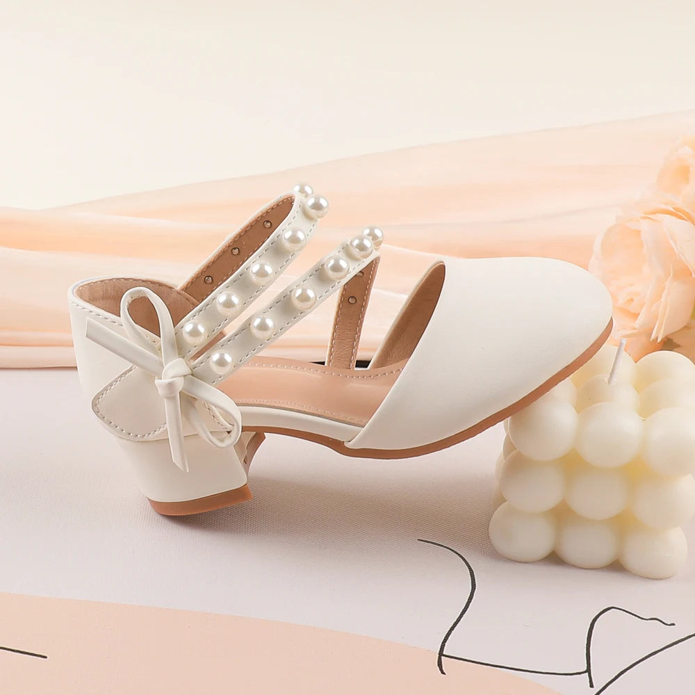 New Arrival White PrincessShoes SweetStyle Children's formal shoes decorated with pearl bows suitable for school dance classes