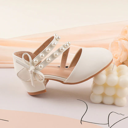 New Arrival White PrincessShoes SweetStyle Children's formal shoes decorated with pearl bows suitable for school dance classes