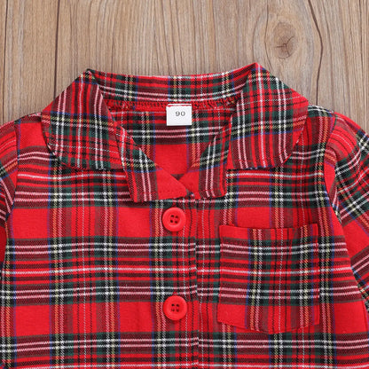 Girls Boys Plaid Homewear Set Long Sleeve Single Breasted Lapel Shirt Elastic Waist Long Pants Kids Autumn Pajamas Outfits