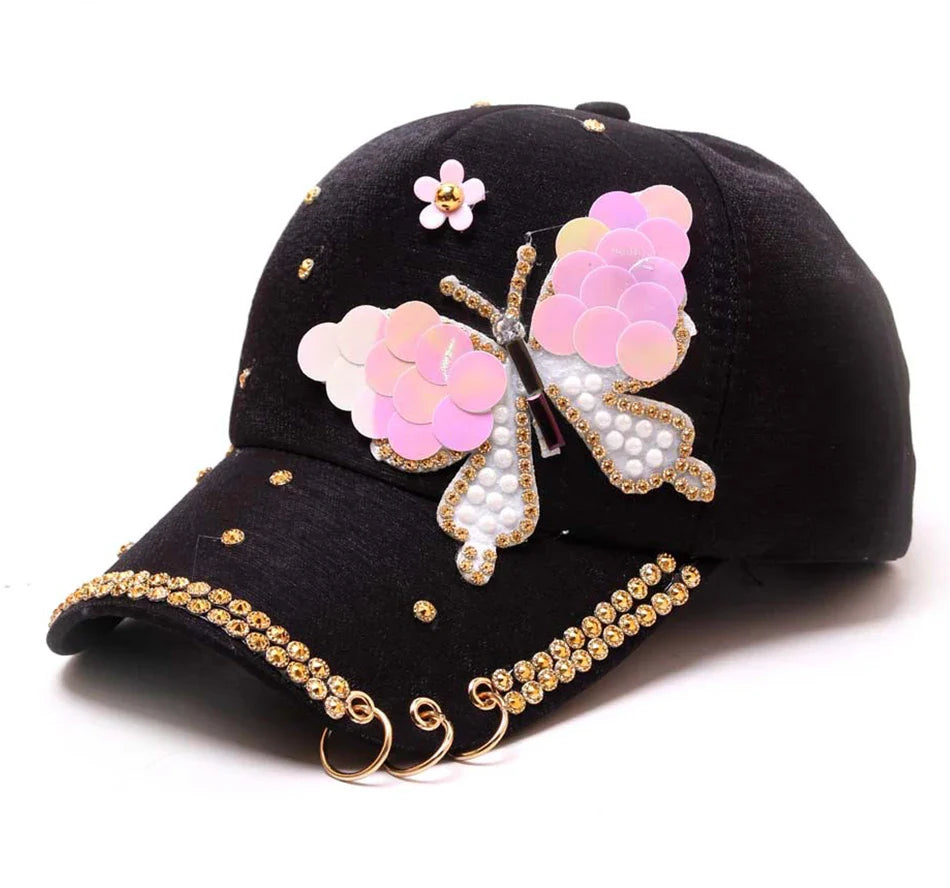 Autumn Women's Baseball Cap Women Full Crystal Colorful Big Butterfly Hat Cotton Shiny Metal Snapback Caps Hip Hop hats