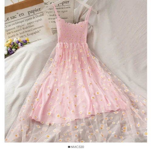 Sleeveless Dress Women Elegant Daisy Strappy Mesh Designer A-Line Stretchy Bust Fresh Ruched Retro High Waist Female Sundress