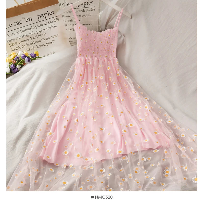Sleeveless Dress Women Elegant Daisy Strappy Mesh Designer A-Line Stretchy Bust Fresh Ruched Retro High Waist Female Sundress