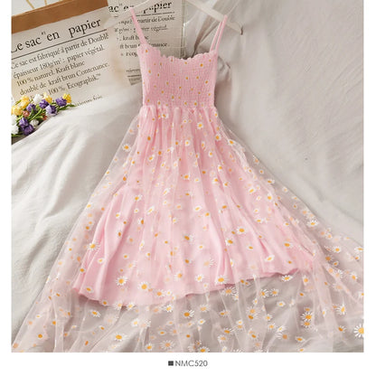 Sleeveless Dress Women Elegant Daisy Strappy Mesh Designer A-Line Stretchy Bust Fresh Ruched Retro High Waist Female Sundress