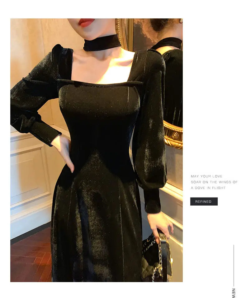 Sexy Dress Women French Retro Vintage Square Collar Waist Office Lady Wine Red Golden Velvet Autumn and Winter Female Clothing