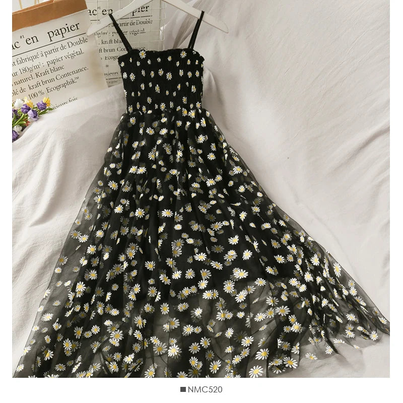 Sleeveless Dress Women Elegant Daisy Strappy Mesh Designer A-Line Stretchy Bust Fresh Ruched Retro High Waist Female Sundress