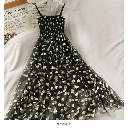 Sleeveless Dress Women Elegant Daisy Strappy Mesh Designer A-Line Stretchy Bust Fresh Ruched Retro High Waist Female Sundress