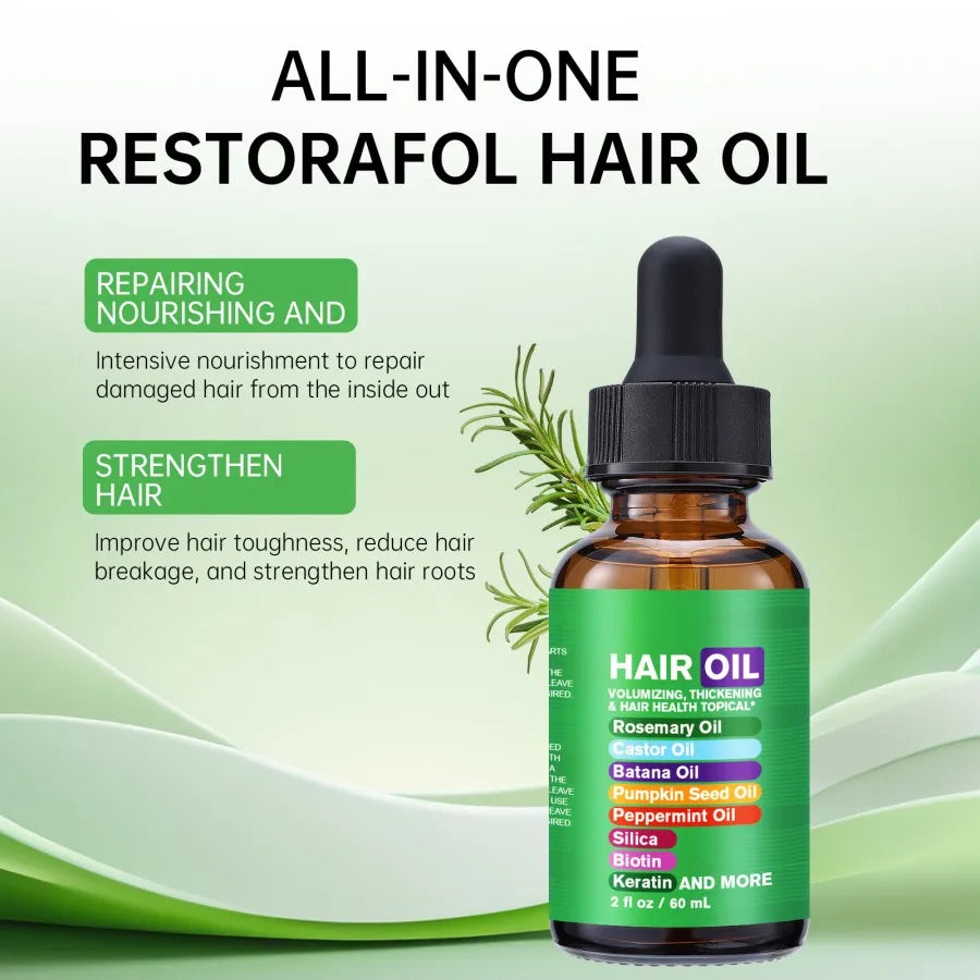 Clean Beauty Rosemary Hair Oil, Containing Castor Oil, Batana Oil, Pumpkin Seed Oil, Peppermint Oil, Biotin, and More.