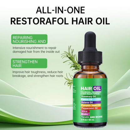 Clean Beauty Rosemary Hair Oil, Containing Castor Oil, Batana Oil, Pumpkin Seed Oil, Peppermint Oil, Biotin, and More.