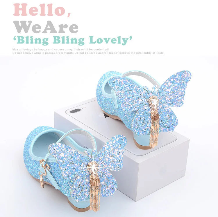 New Kids Leather Shoes Fashion Fringed Butterfly Knot Girls Princess Shoes Casual Glitter Children High Heel Student Dance Shoes