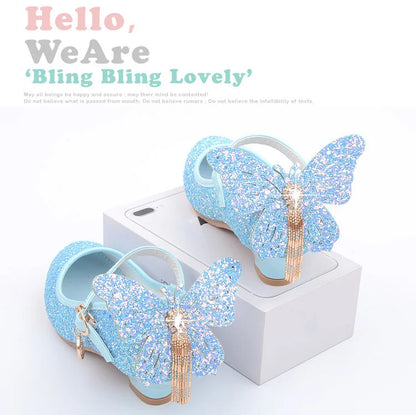 New Kids Leather Shoes Fashion Fringed Butterfly Knot Girls Princess Shoes Casual Glitter Children High Heel Student Dance Shoes
