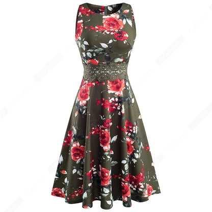 Women Vintage Casual Round Neck A line Summer Elegant Floral Lace Patchwork Sleeveless Tunic Party Swing Dress HA079