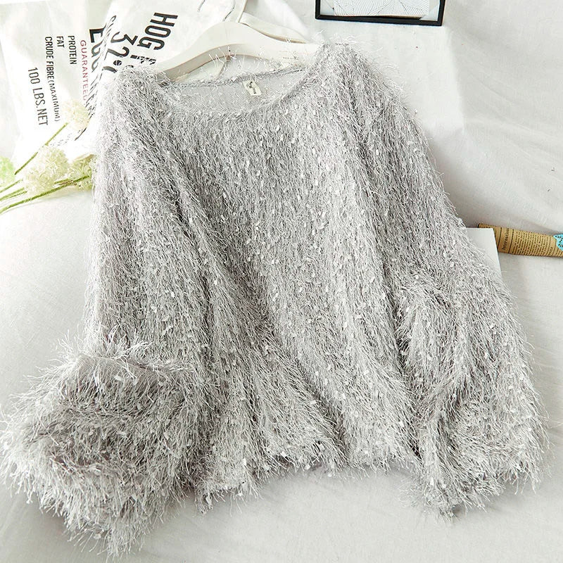 Blouse Women Shirt 2021 Spring Loose Puff Sleeves Furry Top Women's round-Neck Shirt Autumn and Winter Blusas Mujer De Moda