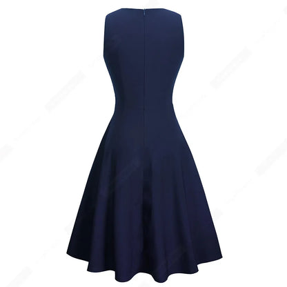 Women Vintage Casual Round Neck A line Summer Elegant Floral Lace Patchwork Sleeveless Tunic Party Swing Dress HA079