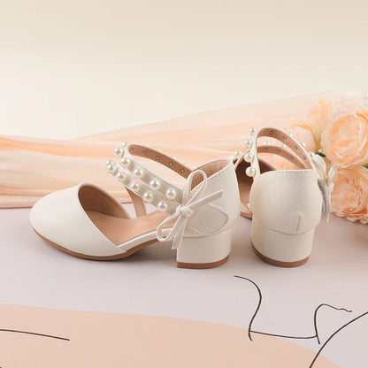 New Arrival White PrincessShoes SweetStyle Children's formal shoes decorated with pearl bows suitable for school dance classes