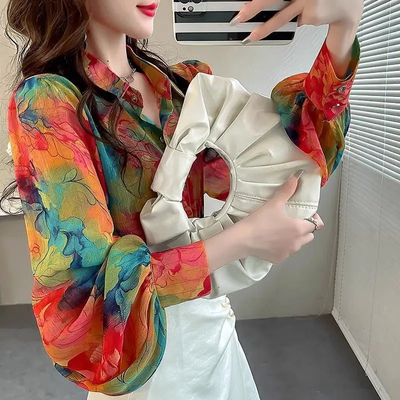 Boutique Wholesale 2025 Summer New Fashionable Loose Temperament Slimming Lantern Sleeve Printed Women's Shirt