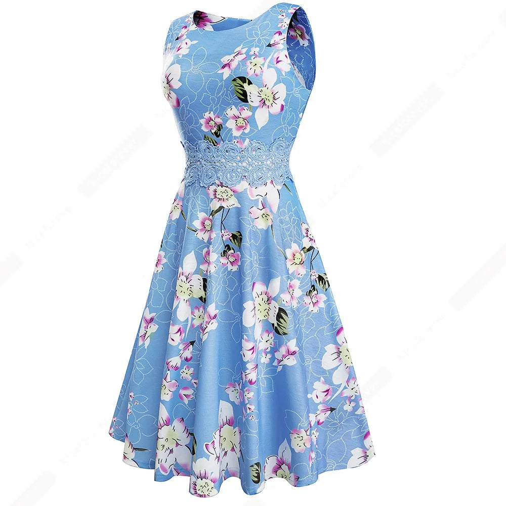 Women Vintage Casual Round Neck A line Summer Elegant Floral Lace Patchwork Sleeveless Tunic Party Swing Dress HA079
