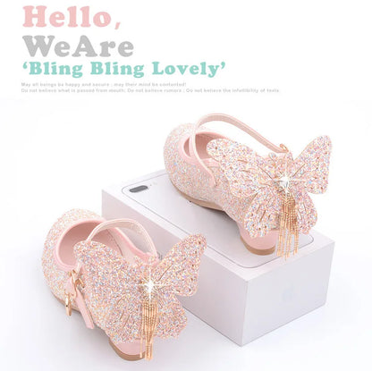 New Kids Leather Shoes Fashion Fringed Butterfly Knot Girls Princess Shoes Casual Glitter Children High Heel Student Dance Shoes